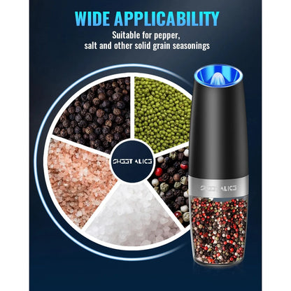 Electric Pepper and Salt Grinder Set Battery Operated with LED Lights One Hand Automatic Operation Stainless Steel Black