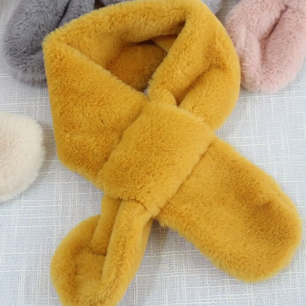 Children Boys Girls Winter Warm Thicken Cross Collar Scarf Solid Color Faux Rabbit Fur Plush Cute Shawl Scarfs