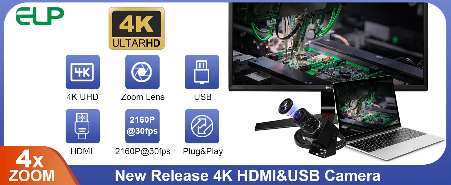 ELP 4K HDMI Camera H.264 Video Conference USB Camera with 2.8-12mm Manual Zoom Lens IMX415 Industrial CCTV Camera for Windows