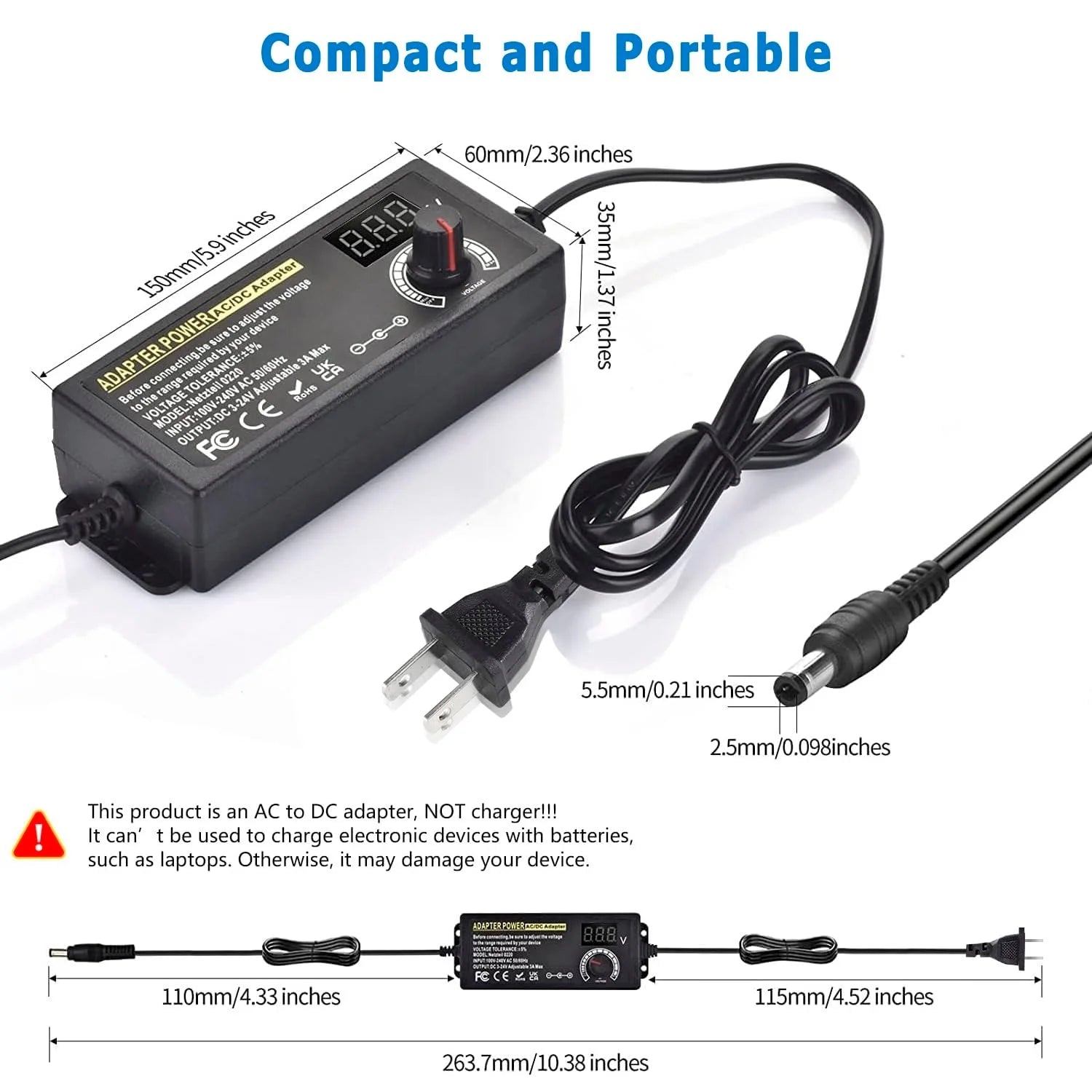 AC to DC Power Supply Adjustable Laboratory Supply Power Source 3V-24V-3A Portable Universal Adapter EU/US Plug Alligator Clip