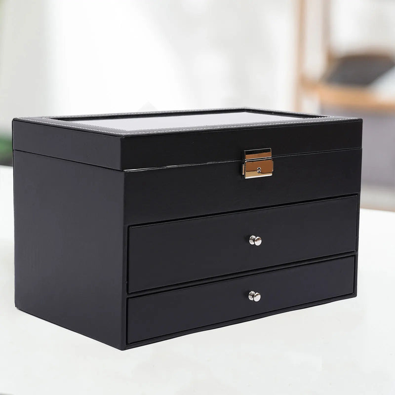 Caja de 3 capas de cuero negro para reloj y gafas de sol, joyero para hombre y mujer, organizador de reloj, collar, anillo, almacenamiento de pendientes