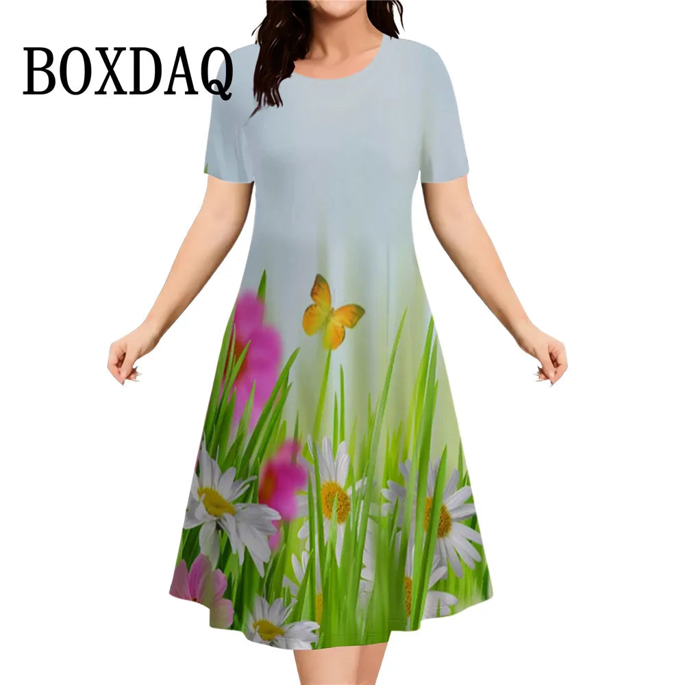 Women's Summer Floral Print Short Sleeve Dress 2026 New Fashion Plus Size Loose Casual Retro Women's Mini Dress 9XL Clothing