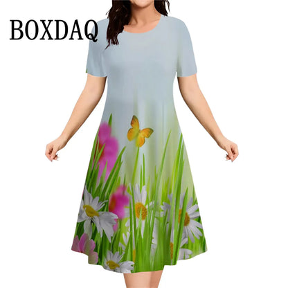 Women's Summer Flower Printed Short Sleeve Dress 2026 New Fashion Plus Size Loose Casual Retro Women's Mini Dress 9XL Clothing
