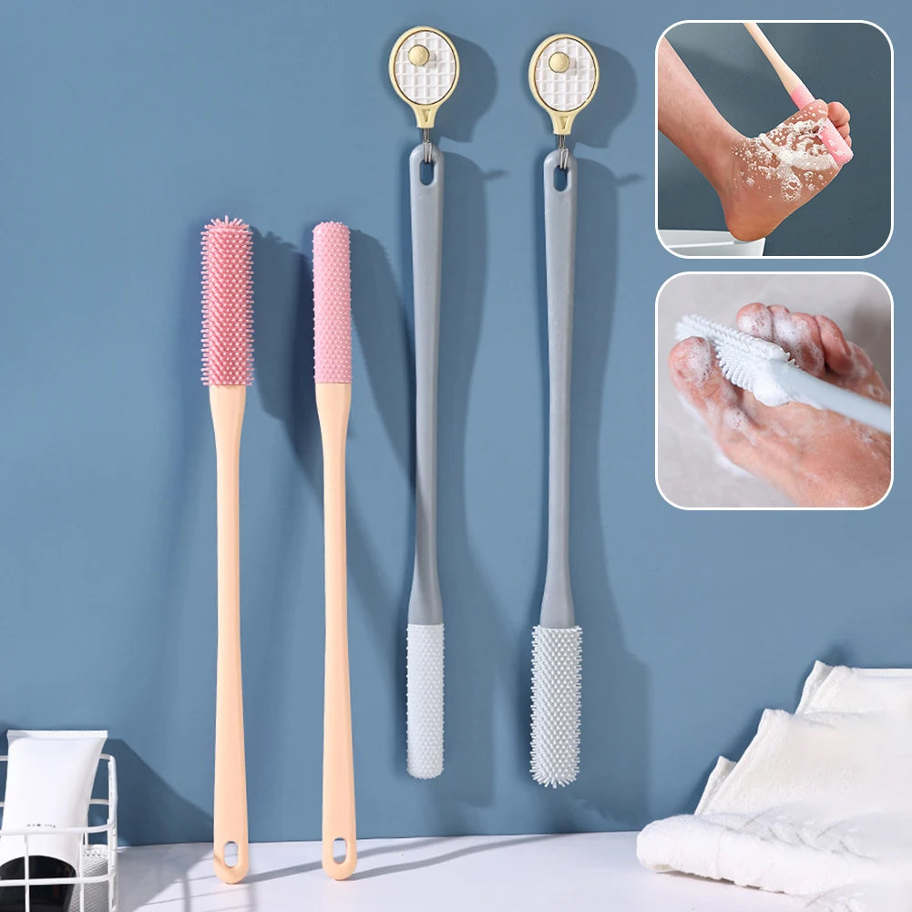 2 pçs cabo longo lacunas do dedo do pé escova de limpeza super macio silicone pé purificador esfoliante escova de lavagem dos pés para chuveiro