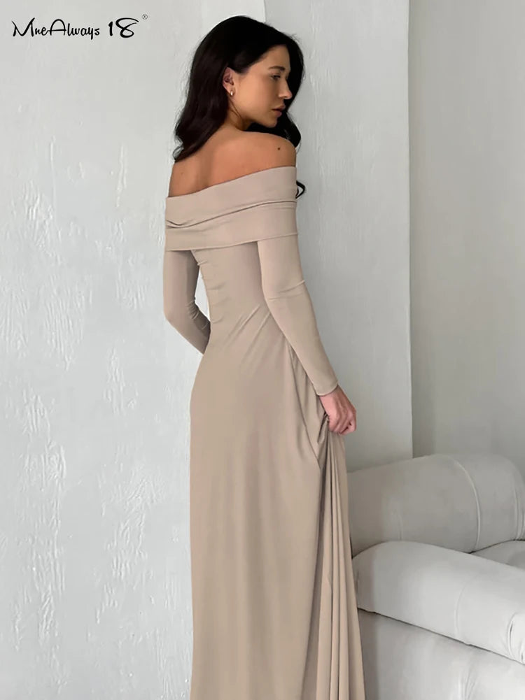 Mnealways18 Terry Knitted Slash Neck Long Dresses Women Solid Party Evening Ruched Ankle-Length Dress Autumn 2024 Knitwear Dress