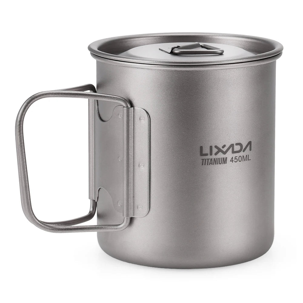 Taza de agua ultraligera de titanio Lixada con asa plegable, portátil para exteriores, camping, picnic, 300 ml/350 ml/550 ml/650 ml