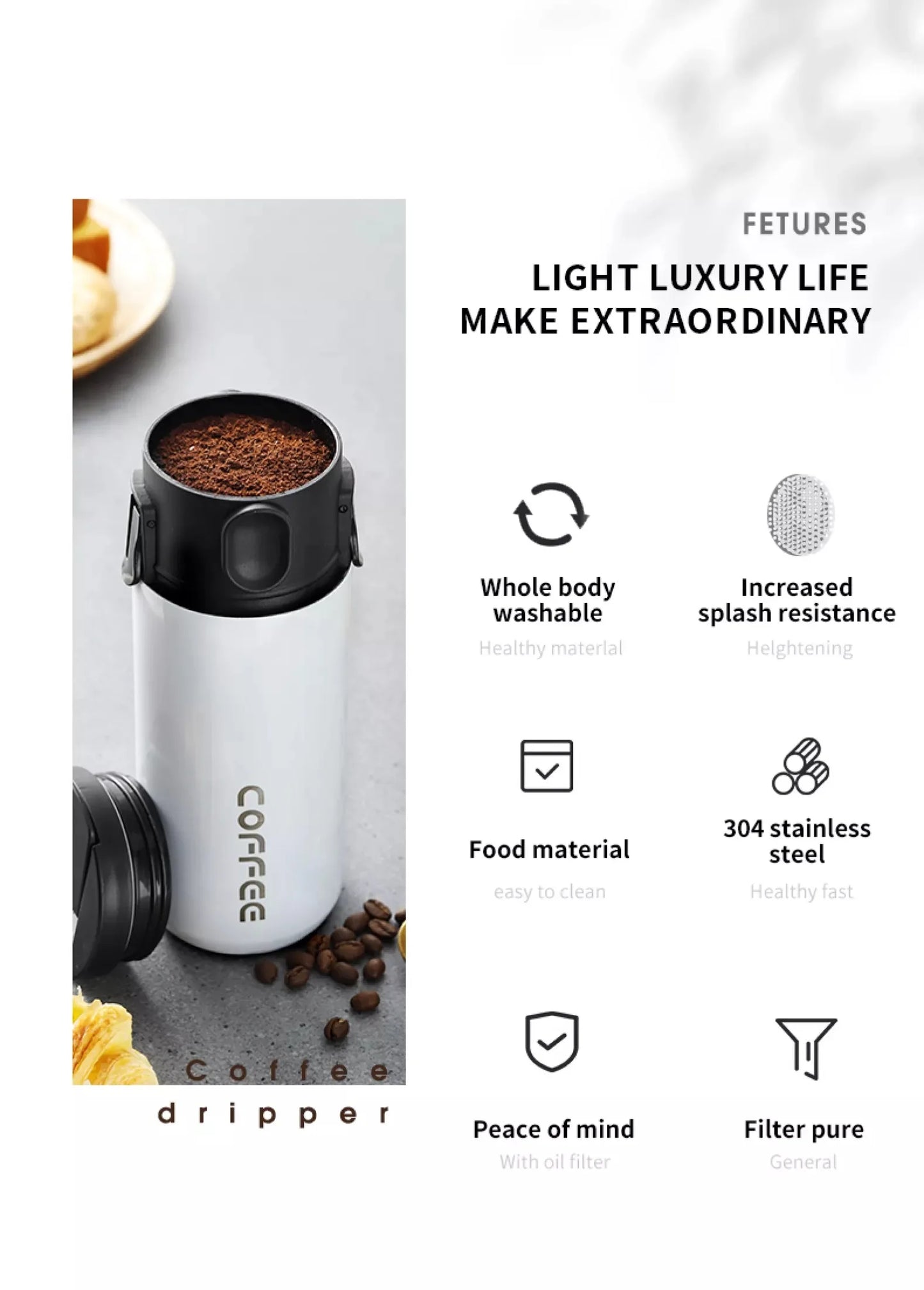Filtro de café portátil de acero inoxidable 304, soporte para café y té, taza reutilizable, juego de taza de té con gotero, cafetera, utensilios de café