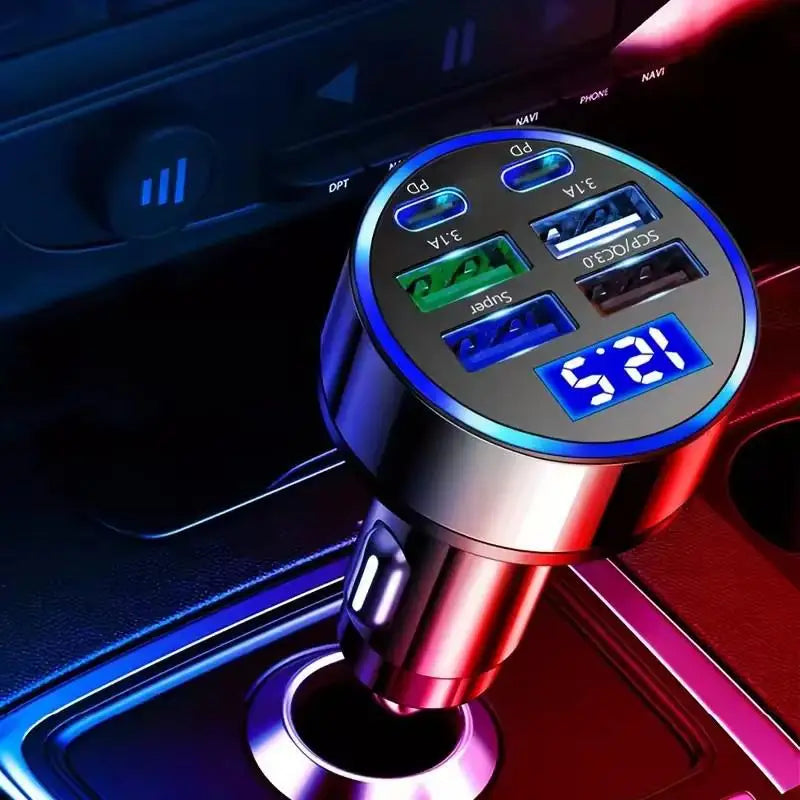 300W PD Car Charger 6 Ports Fast Charging QC3.0 USB C Car Phone Charger Type C Adapter Dual PD Super Fast with Digital Display