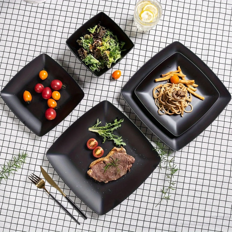 16-Piece Square Dinnerware Set - Heavy Duty Ceramic Plates, Bowls, Cups | Dishwasher & Microwave Safe for Everyday Use
