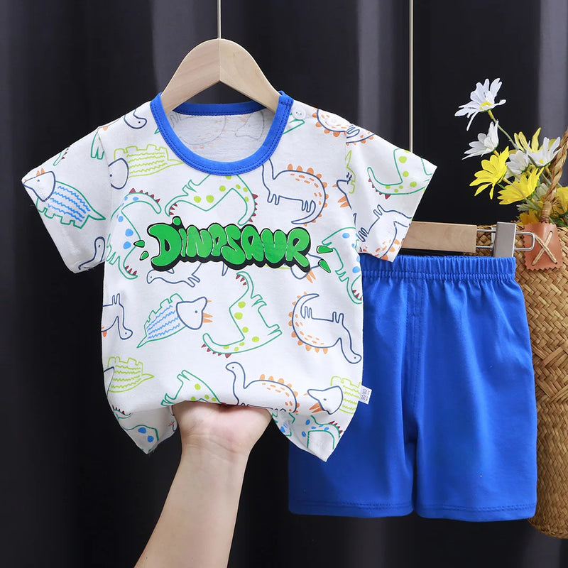 New Boys Summer Clothing Set Full Bear Print Cotton Short Sleeve T-shirts and Shorts 2PCS Breathable Outfit For Girls