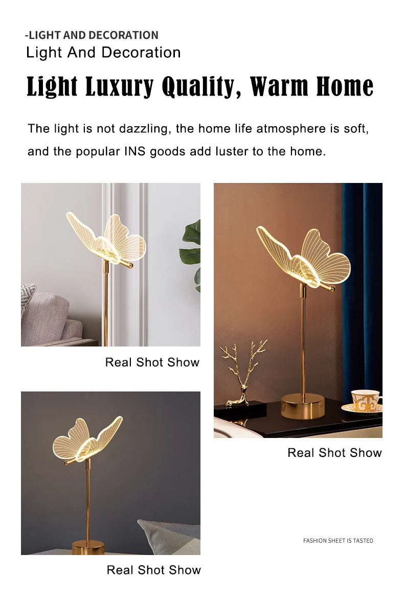 Butterfly Led Table Lamp Retro Gold Acrylic Desk Lamps Hotel Villa Art For Living Room Bedside Desktop Decor Led Night Lights
