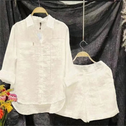 Conjunto informal de dos piezas de lino y algodón para mujer, moda de verano 2024, camisa de manga larga blanca y pantalones cortos, chándal de dos piezas