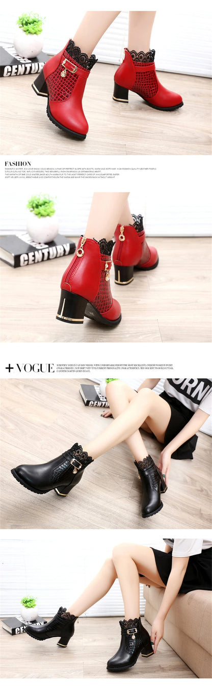 2025 Round Toe Women Fashion Crystal Belt Buckle Boots 6CM Square High Heels Shoes Sexy Leopard Lace Ankle Boots Woman Red Black
