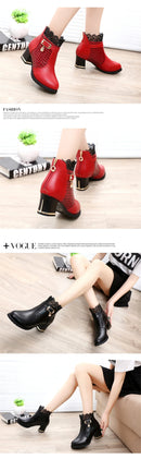 2025 Round Toe Women Fashion Crystal Belt Buckle Boots 6CM Square High Heels Shoes Sexy Leopard Lace Ankle Boots Woman Red Black