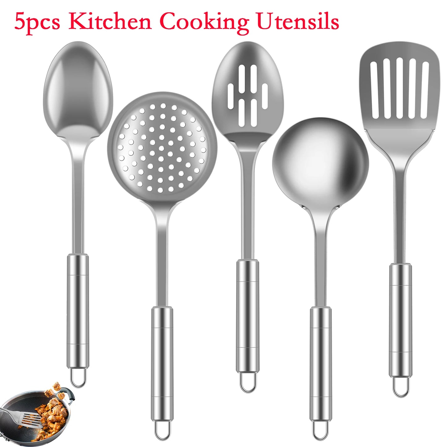 Juego de utensilios de cocina, pala de acero inoxidable, cuchara para sopa, espátula, vajilla, utensilios de cocina, 5 uds.