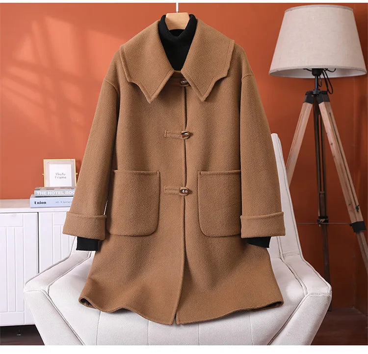 2025 Fashion Large Lapel Horn Button Women's Coat Autumn and Winter New Double-Sided Woolen 100%Pure Wool Warm Coat Large Pocket