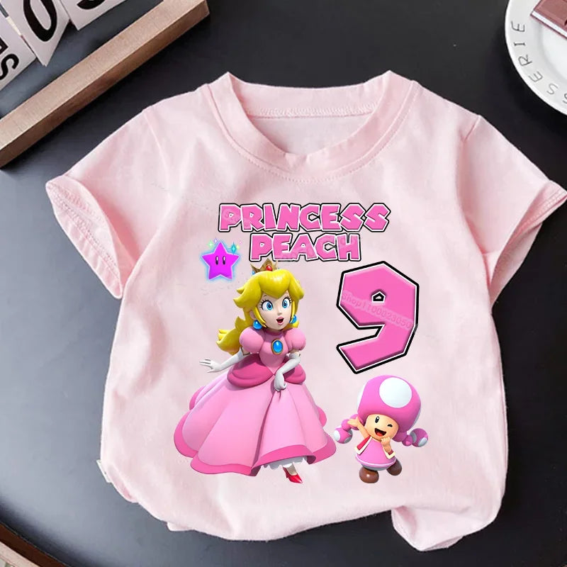 New Super Mario Bros Birthday Number T-Shirt Girl Princess Peach Pink Clothes Child Short Sleeve Tops Cotton Tees Kids Party Gift