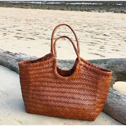 French Leather Woven Bag Fashion Simple Basket Bag Retro Advanced Handmade Bag New Versatile Commuting Women's Shoulder Handbag