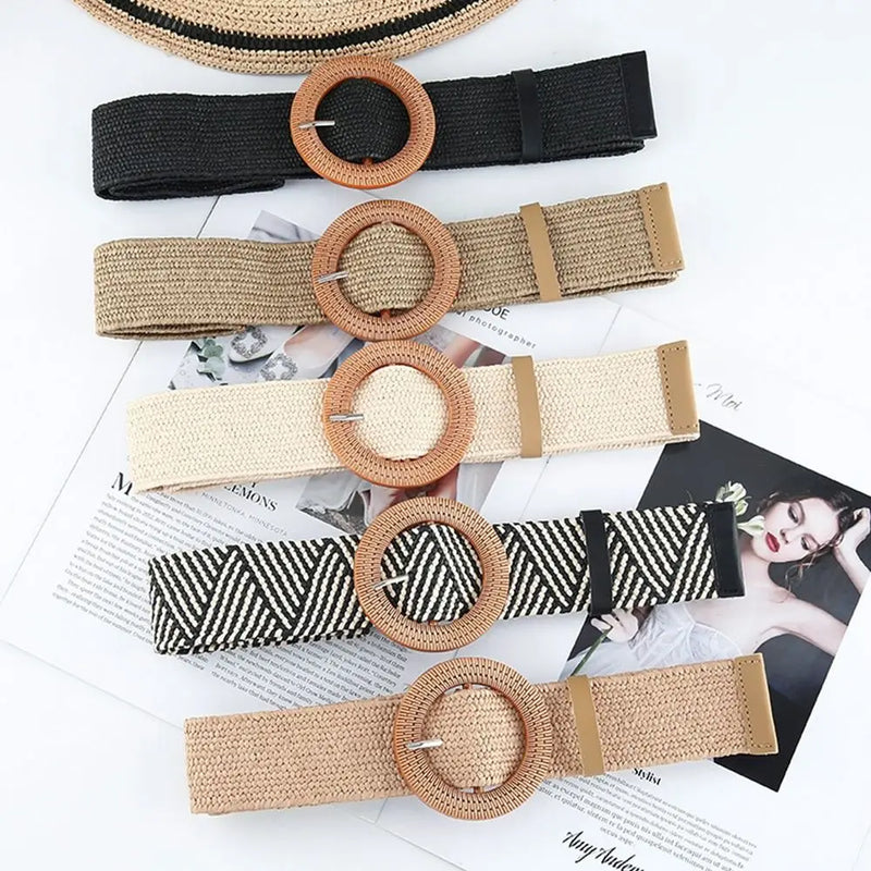 Summer Fashion Women Straw Belt Casual Bohemian Wide Summer Braided Waistbelt  Buckle Elastic Female Straw Waist Belt