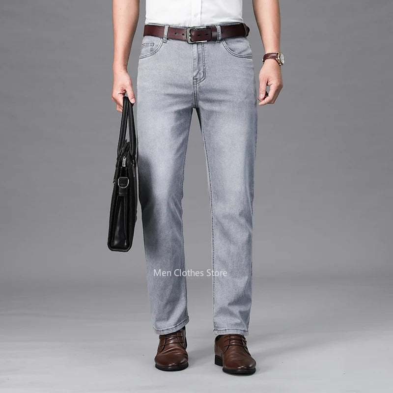2024 Brand Thin or Thick Material Men's Elastic Cotton Jeans Fashion Gray Comfortable Denim Business Casual High Waist Pants
