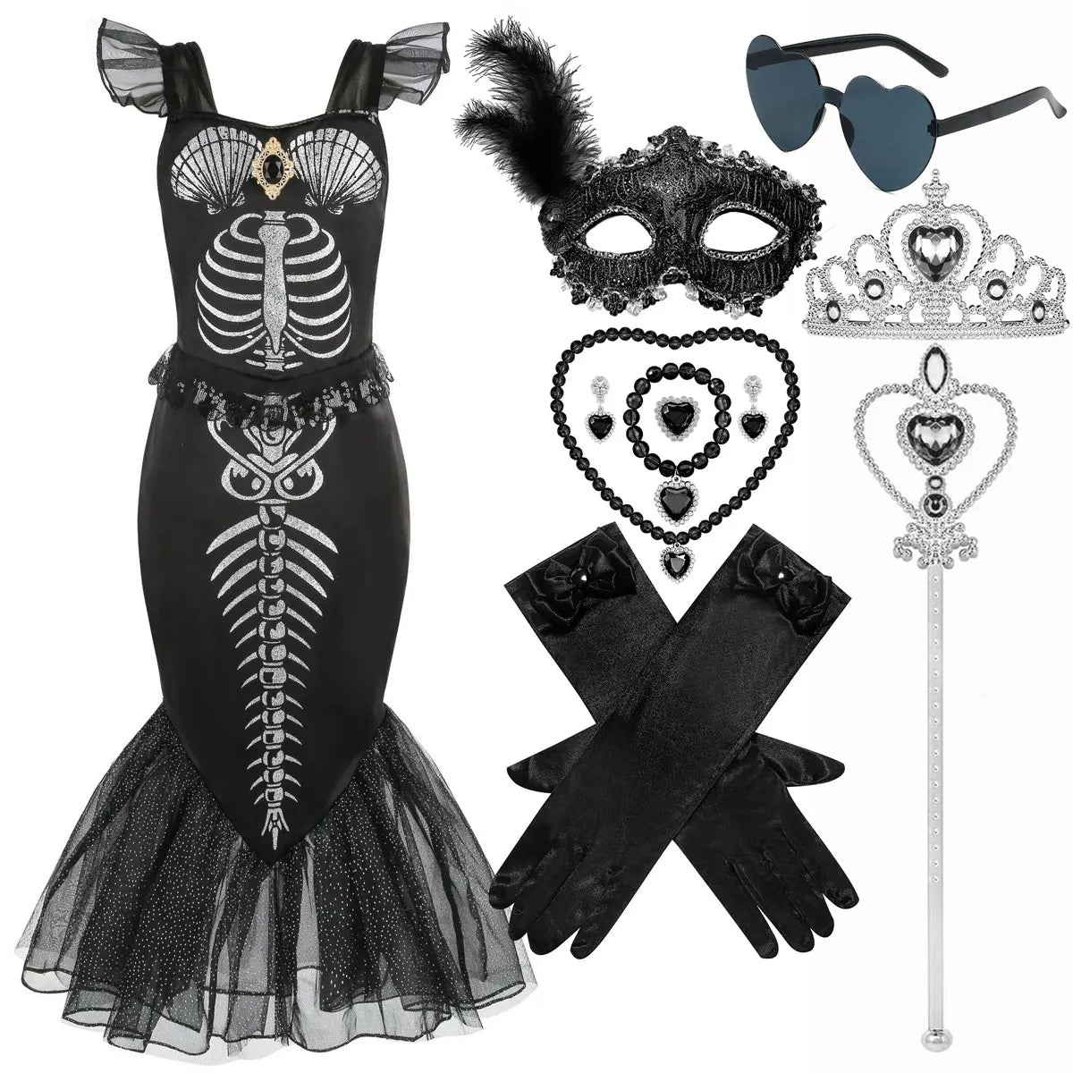 Halloween New Horror Skeleton Little Mermaid Costume Ariel Princess Black Skeleton Fishtail Dress Holiday Special Dress