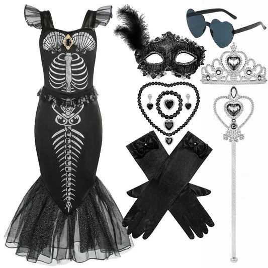 Halloween New Horror Skeleton Little Mermaid Costume Ariel Princess Black Skeleton Fishtail Dress Holiday Special Dress