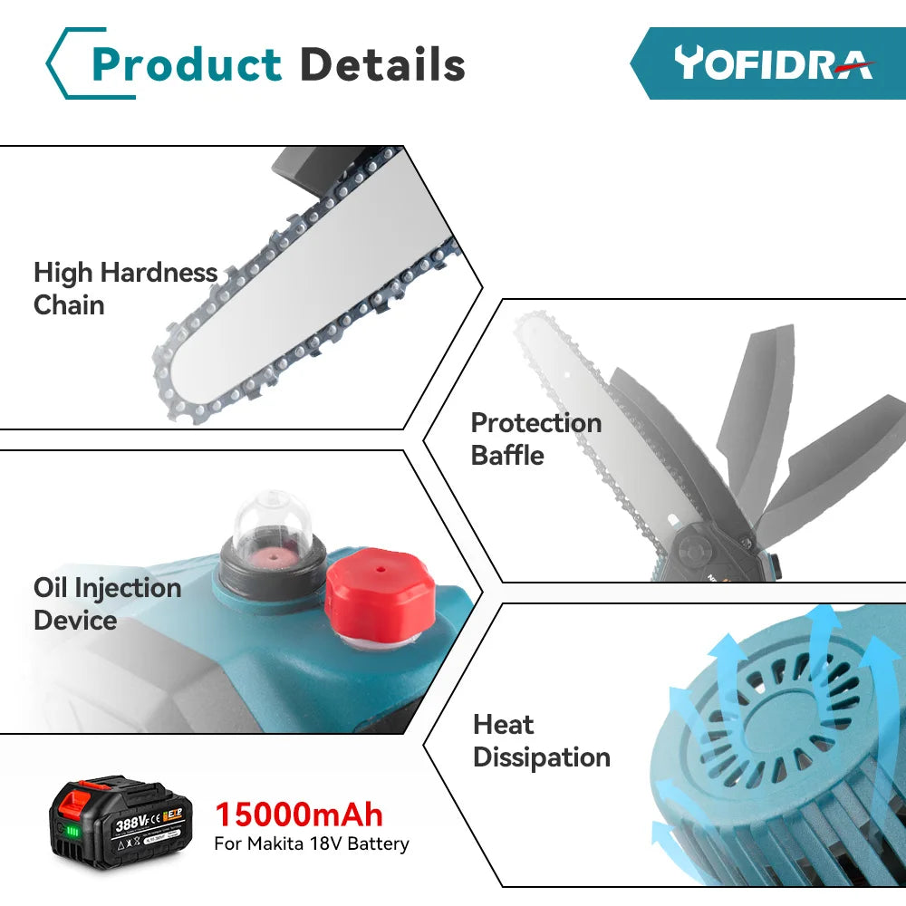 8 Inch Brushless Electric Saw Cordless Oiler Handheld Garden Wood Cutting Logging Chainsaw Power Tool for Makita 18V Battery