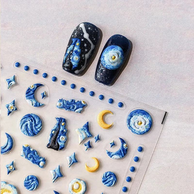 Blue Starry Night 5D Soft Embossed Relief Self Adhesive Nail Art Decoration Stickers Dressy White Stars 3D Manicure Decals Woman