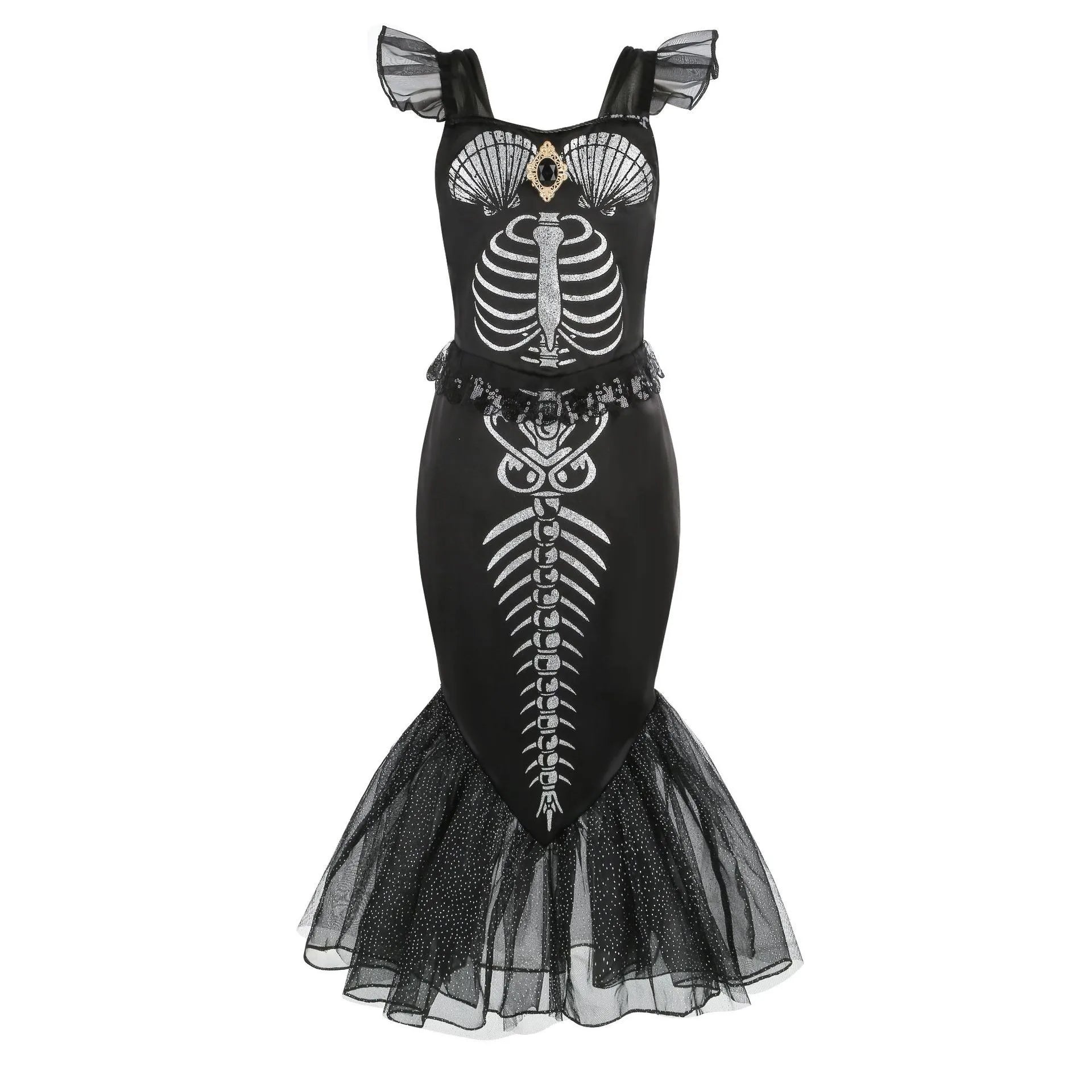 Halloween New Horror Skeleton Little Mermaid Costume Ariel Princess Black Skeleton Fishtail Dress Holiday Special Dress