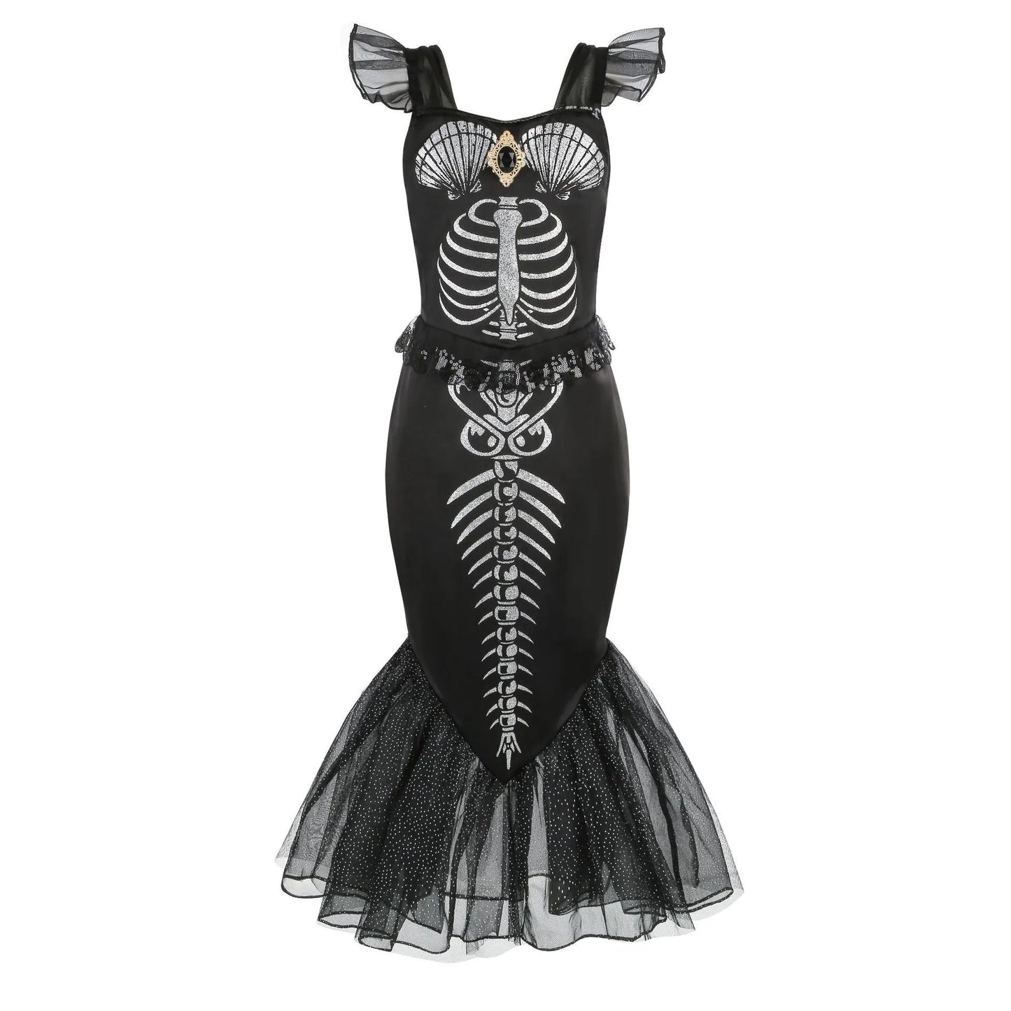 Halloween New Horror Skeleton Little Mermaid Costume Ariel Princess Black Skeleton Fishtail Dress Holiday Special Dress