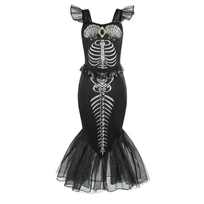 Halloween New Horror Skeleton Little Mermaid Costume Ariel Princess Black Skeleton Fishtail Dress Holiday Special Dress