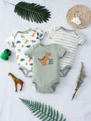3PCS Summer Baby Bodysuit Three piece Set with Cartoon Dinosaur Pattern and Stripe Pattern Button Design for 0-9 Months Old Boys