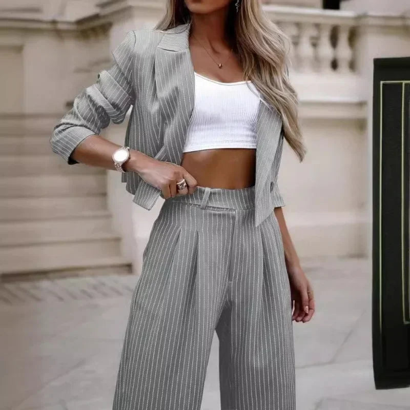 Mandylandy Casual Striped Suits Women Outfits Summer Short Style Lapel Suit Trousers Stripe Blazer Coats Straight-Leg Pants Suit