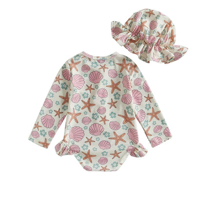 Traje de baño de verano para niñas pequeñas, estampado floral, sin espalda, con volantes, manga larga, ropa de playa para niñas de 0 a 4 años