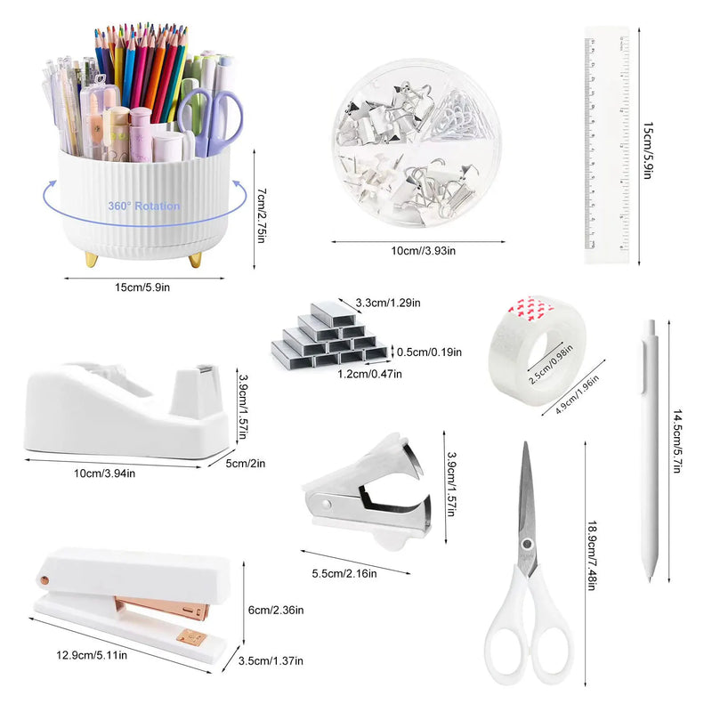 Desktop Office Stationery Set with Stapler Tape Dispenser Scissors Staple Remover for Home School Supplies