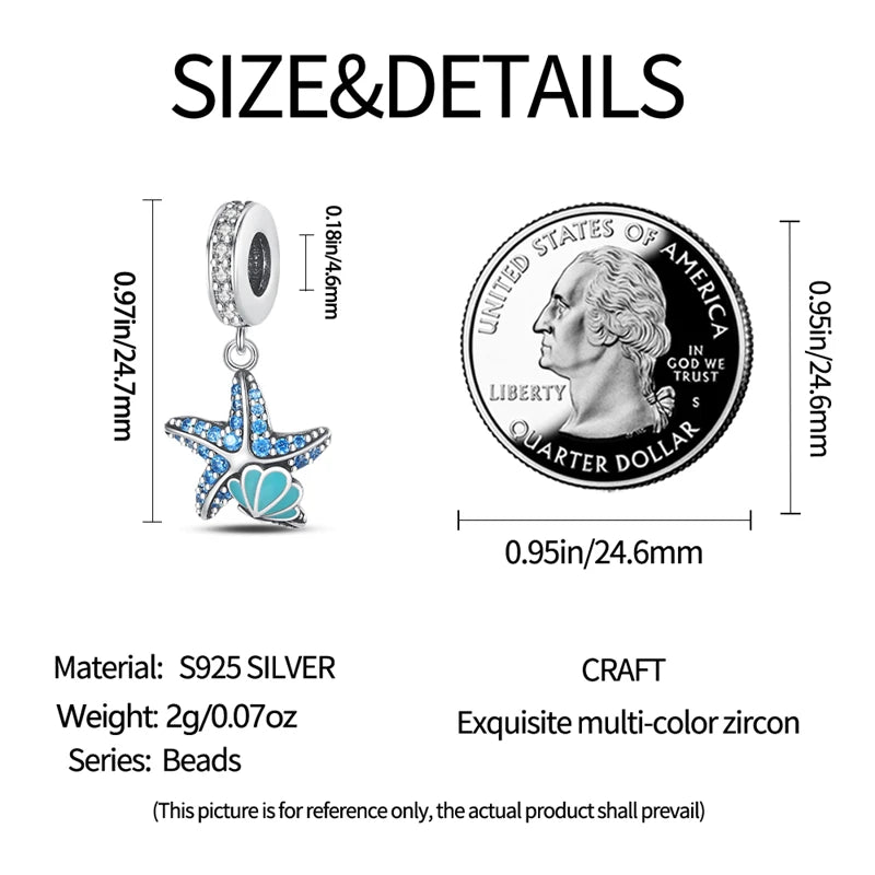 Ocean Series - Original Genuine 925 Sterling Silver Turtle Crab Mermaid Charm Beads Suitable for 3mm Bracelet DIY Making Pendant