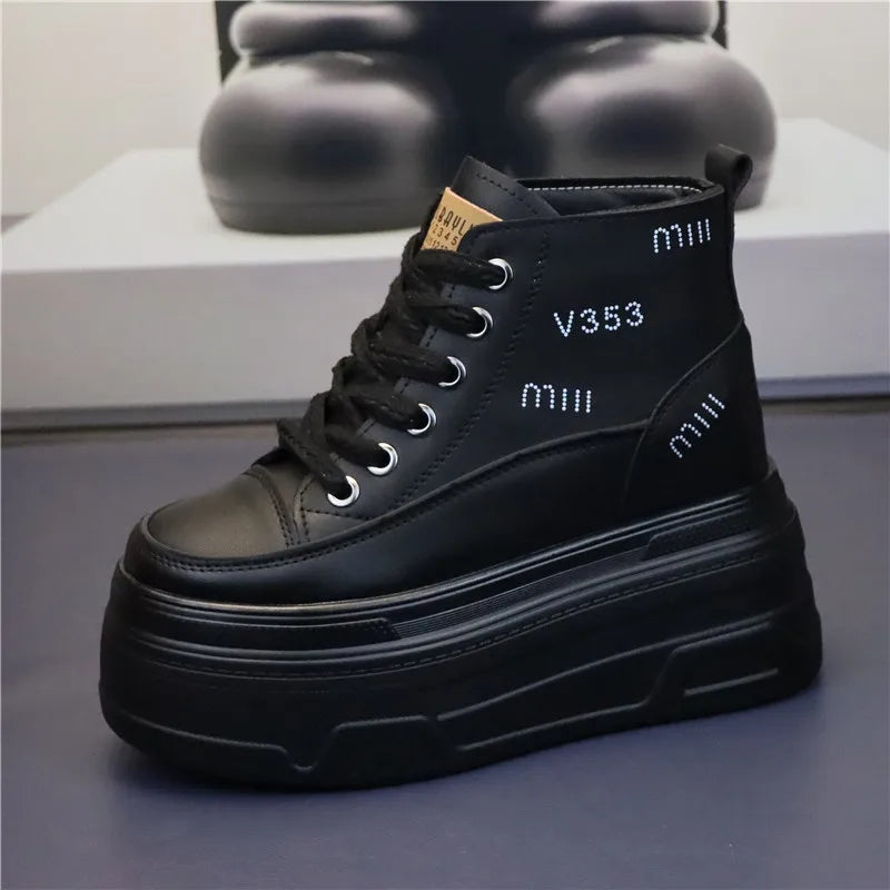 High Top Fashion Sneakers White Chunky Platform Wedge Shoes 12cm 14cm Height Increased Woman Sports Casual Shoe Tennis Female