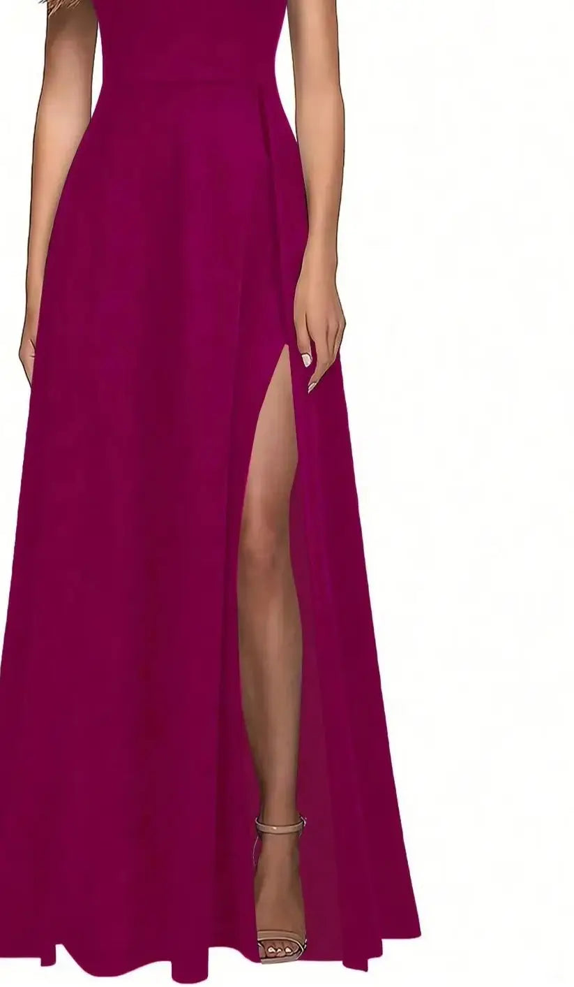 Solid Color High Neck Side Slit Long Evening Gown for Women - Slimming Elegant Formal Dress for Banquets and Parties
