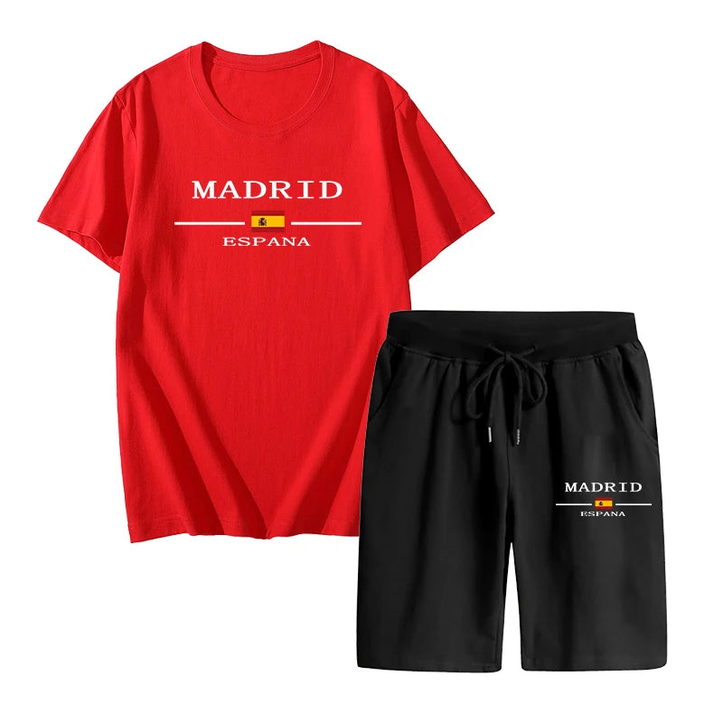 Madrid Spain Pattern T-shirts 2pcs Set High Quality Pure Cotton Tops and Quick Dry Shorts Mens Casual Sports Football Suits