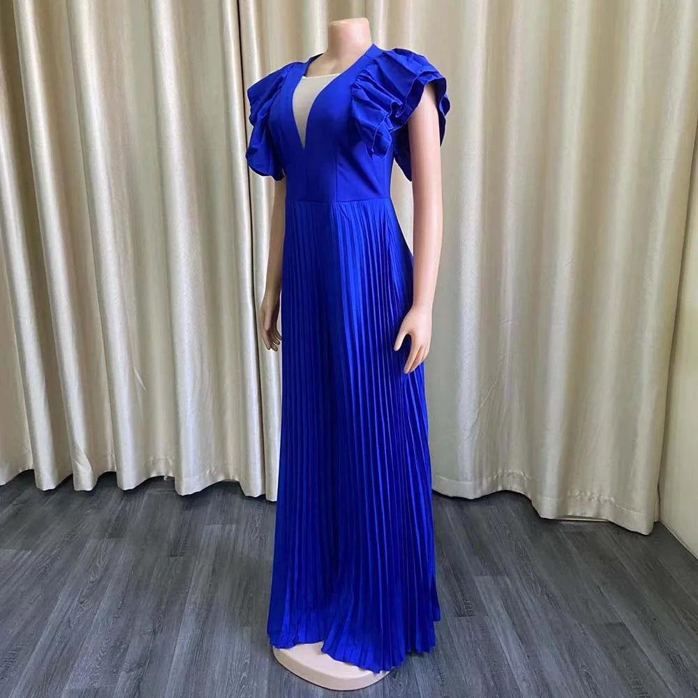 Elegant Pleated Jumpsuits & Rompers for Women V Neck Ruffles High Waisted Loose Floor Length Luxury Female Birthday Party Romper