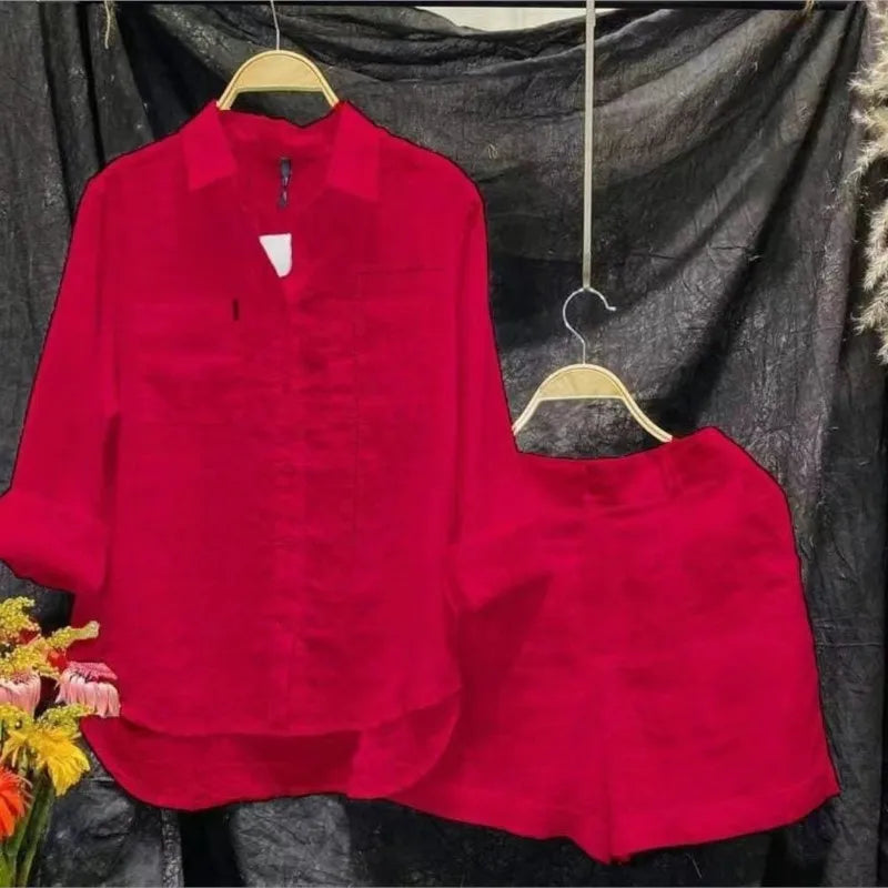 Conjunto informal de dos piezas de lino y algodón para mujer, moda de verano 2024, camisa de manga larga blanca y pantalones cortos, chándal de dos piezas