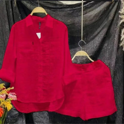 Conjunto informal de dos piezas de lino y algodón para mujer, moda de verano 2024, camisa de manga larga blanca y pantalones cortos, chándal de dos piezas