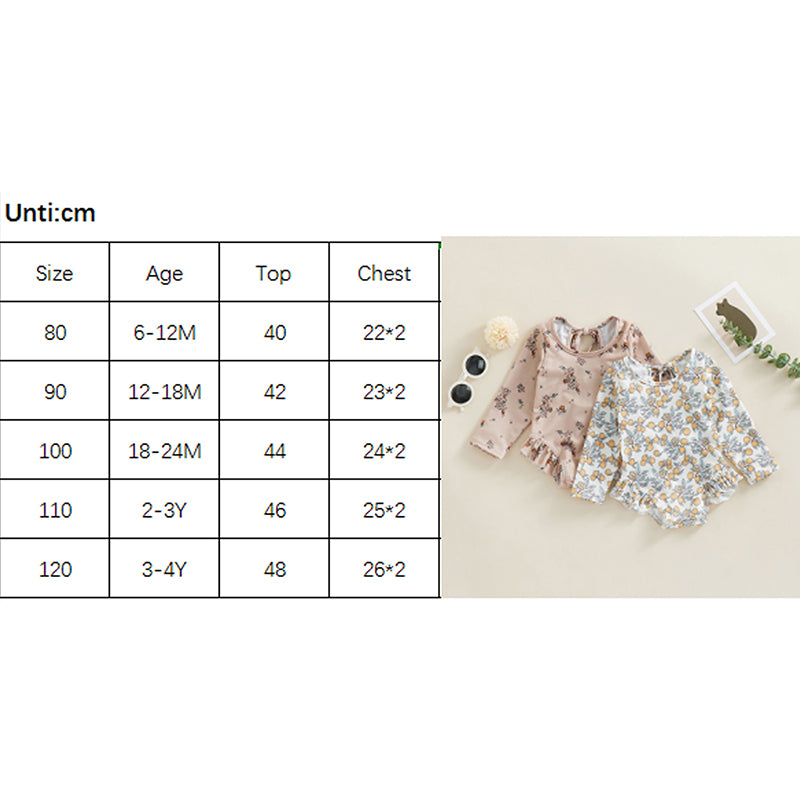 Kids Baby Girl Summer Swimwear Floral Print Backless Ruffles Long Sleeve Bodysuit Bathing Suit Girls Beachwear 0-4 Years