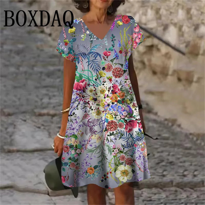 Plant Flowers Pattern Dresses Summer Women Clothing Fashion Plus Size Short Sleeve 3D Print Dress Casual Retro V-Neck Dress 6XL
