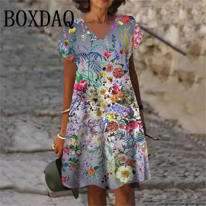 Plant Flowers Pattern Dresses Summer Women Clothing Fashion Plus Size Short Sleeve 3D Print Dress Casual Retro V-Neck Dress 6XL