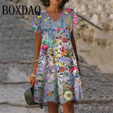 Plant Flowers Pattern Dresses Summer Women Clothing Fashion Plus Size Short Sleeve 3D Print Dress Casual Retro V-Neck Dress 6XL