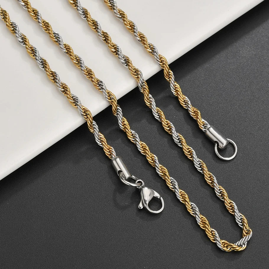 Bwise 3/4mm 316L Rope Chain Necklace Stainless Steel Never Fade Choker Waterproof Men Women Jewelry Gold Color Chains Gift