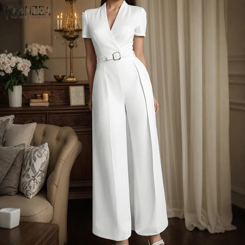 ZANZEA Street Fashion High Waist Jumpsuits Women Workwear Belt Rompers Solid Deep V Neck Elegant Office Lady Long Overalls