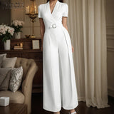 ZANZEA Street Fashion High Waist Jumpsuits Women Workwear Belt Rompers Solid Deep V Neck Elegant Office Lady Long Overalls