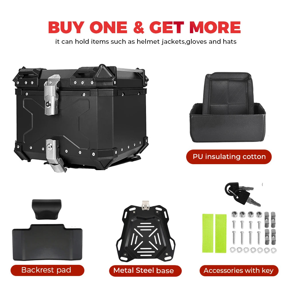 KEMIMOTO 45L/55L/65L Motorcycle Aluminum Case Tail Box Trunk with backrest Universal Top Tail Rear Luggage Tool Storage Box